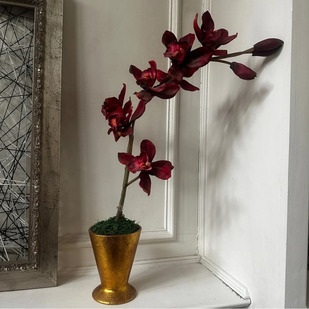 Cymbidium Orchid in Gold Pot Faux